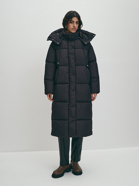Длинный теплый пуховик с капюшоном на молнии