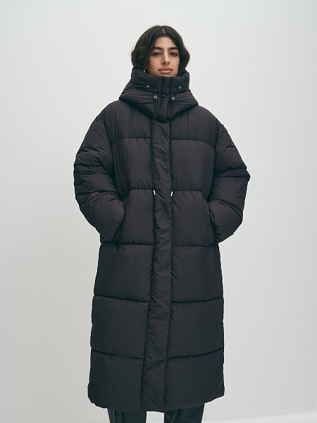Длинный теплый пуховик с капюшоном на молнии